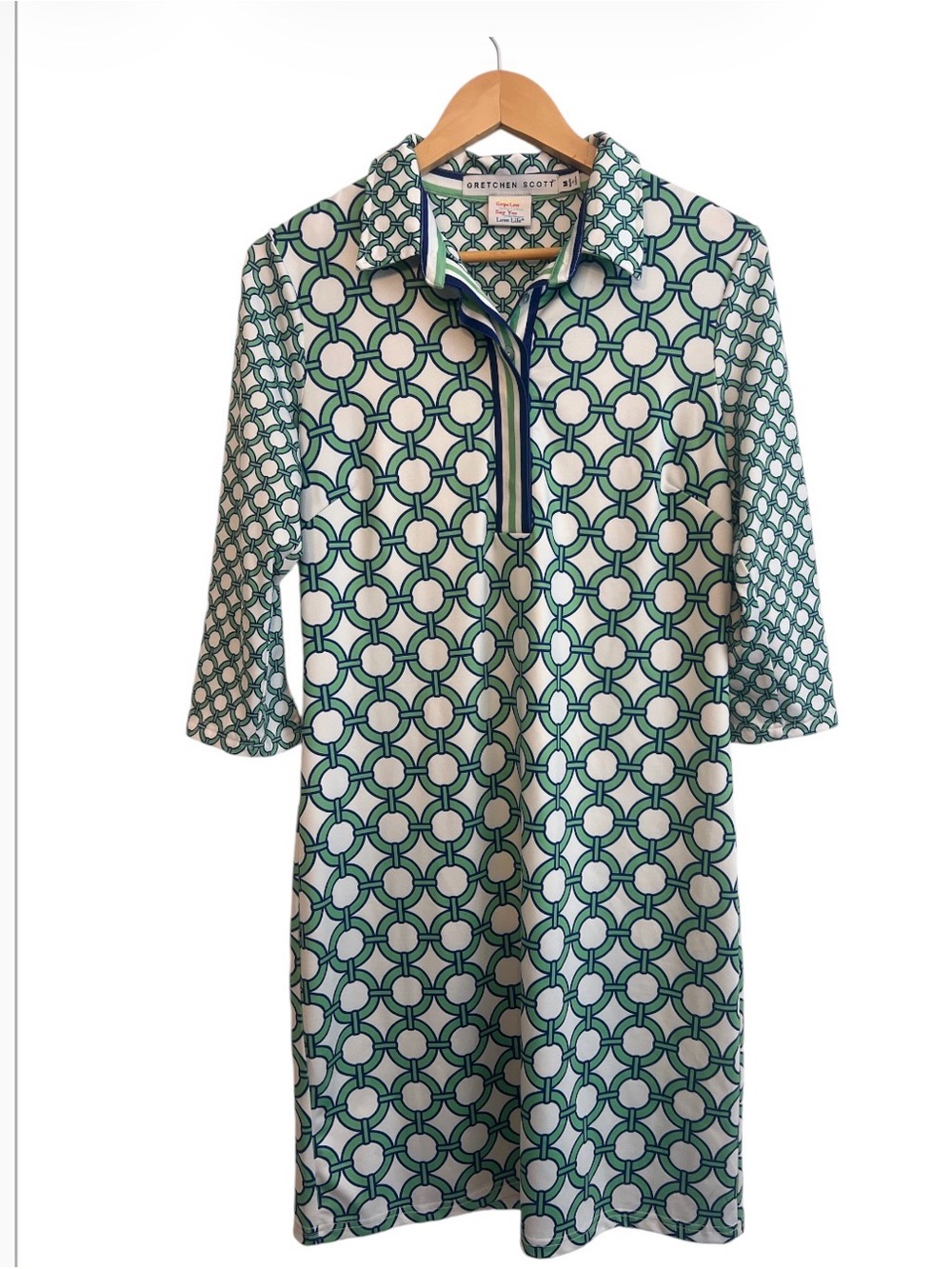 Gretchen Scott Green & Navy Geometric Chain Link 3/4 Sleeve Dress Medium